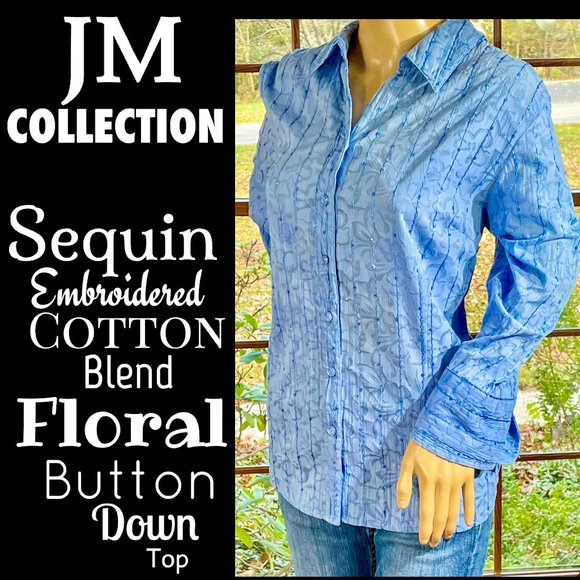 JM Collection Tops - ⭐️HP⭐️JM COLLECTION▪️Sequin Embroidered Cotton Blend Floral Button Down Boho Top
